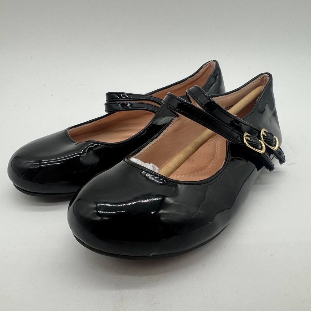 Girls Size 1 Black Patent Mary Jane Flats Double Strap Gold Buckle Dress Shoes